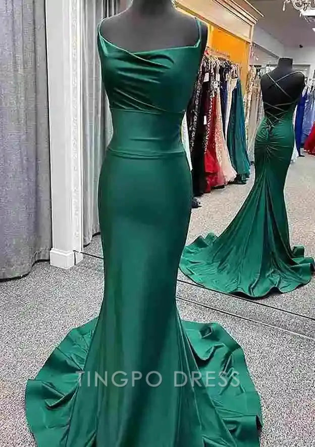 TingPo Wholesale Elegant Trumpet/Mermaid Cowl Neck Spaghetti Straps Sweep Train Jersey Prom Dress With Pleated